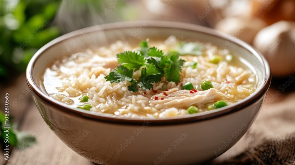 Steaming Bowl of Hot Rice Soup with Fresh Garnish Steaming Bowl of Hot Rice Soup with Fresh Garnish