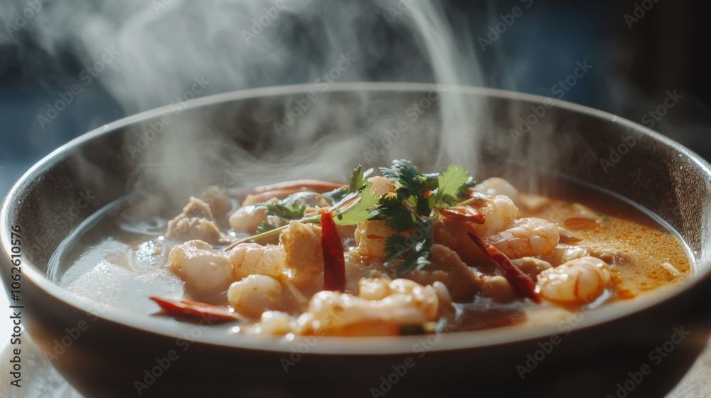 Steaming Bowl of Hot Shrimp Tom Yum Soup Steaming Bowl of Hot Shrimp Tom Yum Soup