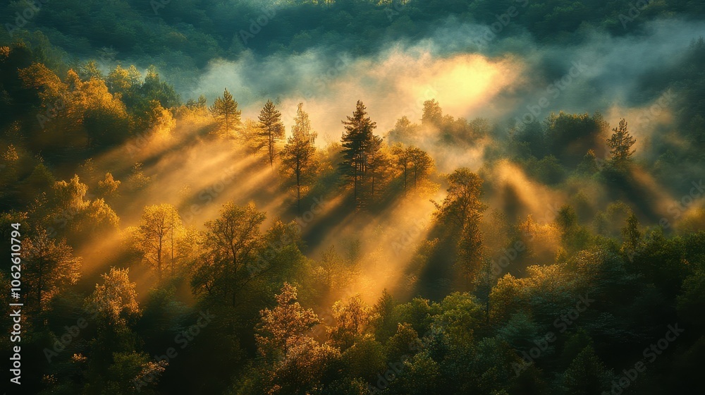 Obraz premium Enchanting Aerial Photograph of Golden Light streaming through the Wilderness. Nature Background with Trees and Green Foliage.