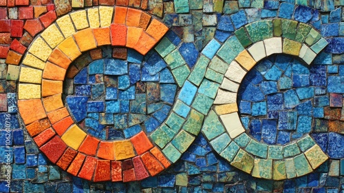 A colorful mosaic of the letter "C" made from small ceramic tiles, giving it an artistic and cultural touch