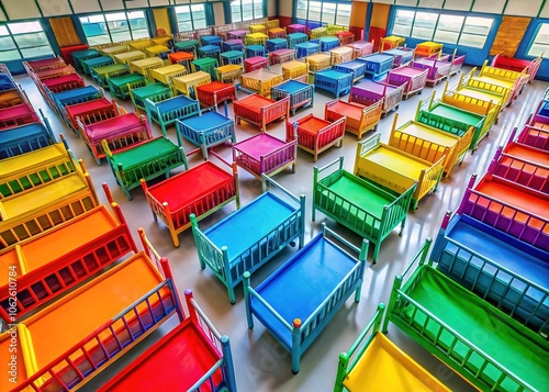 Simple, bright dorm beds, photographed for a nursery. photo