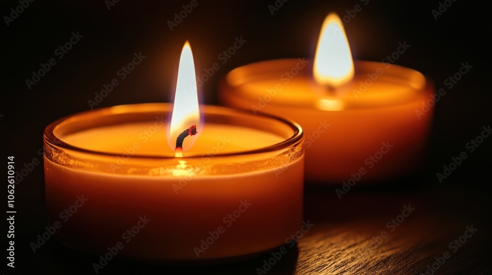 Illuminated burning candles isolated against a black background, creating a warm and calming atmosphere Illuminated burning candles isolated against a black background, creating a warm and calming atmosphere