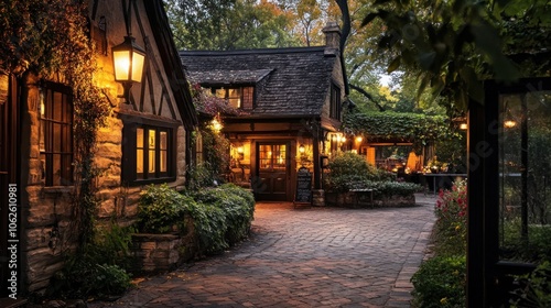A charming historical inn with rustic decor and warm lighting, 