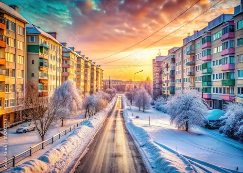 Snowy Bypass Road in Ust-Kamenogorsk, Kazakhstan - Vintage Apartment Buildings photo