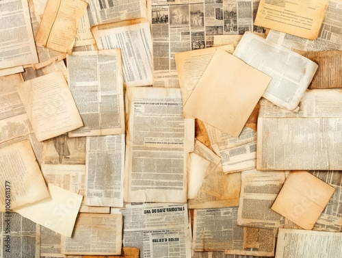 A vintage collection of newspaper clippings and aged papers scattered on a surface, showcasing history and nostalgia.