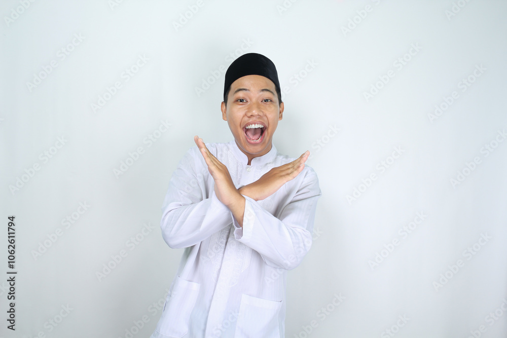 muslim asian man screaming with crossed hand show warning signs isolated on white background