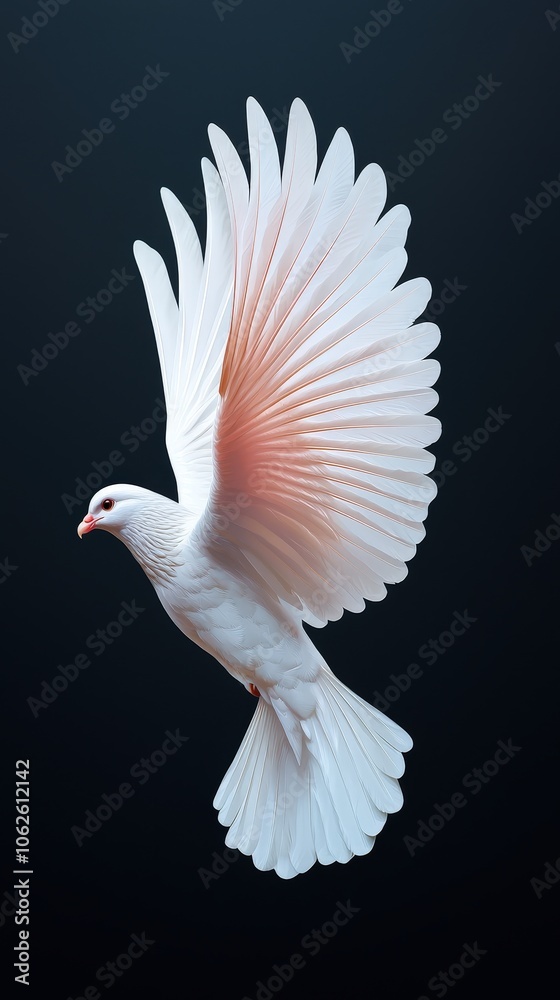 White Dove in Flight with Spread Wings  Isolated on Black Background