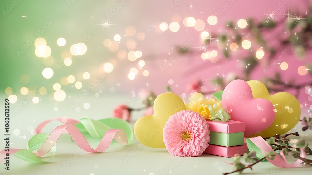 Pastel Hearts, Gifts, and Flowers on a Soft Bokeh Background Pastel Hearts, Gifts, and Flowers on a Soft Bokeh Background