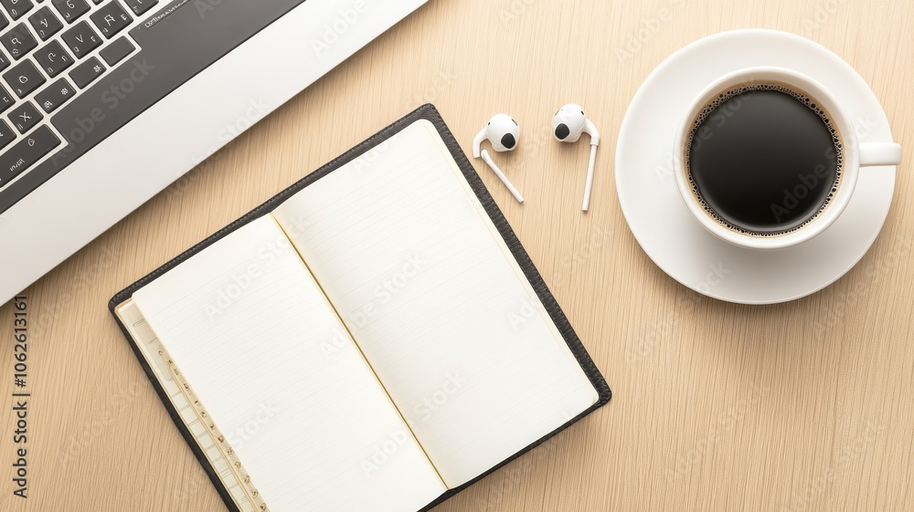 An aerial view of a workspace with a laptop, coffee cup, notebook, and earbuds on a wooden desk, perfect for productivity themes. An aerial view of a workspace with a laptop, coffee cup, notebook, and earbuds on a wooden desk, perfect for productivity themes.