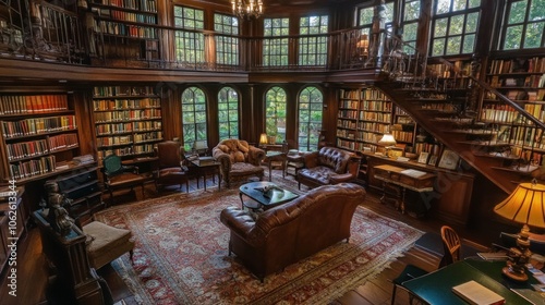 A charming library with reading nooks and study areas,