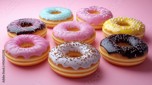 Ten colorful donuts on a pink background