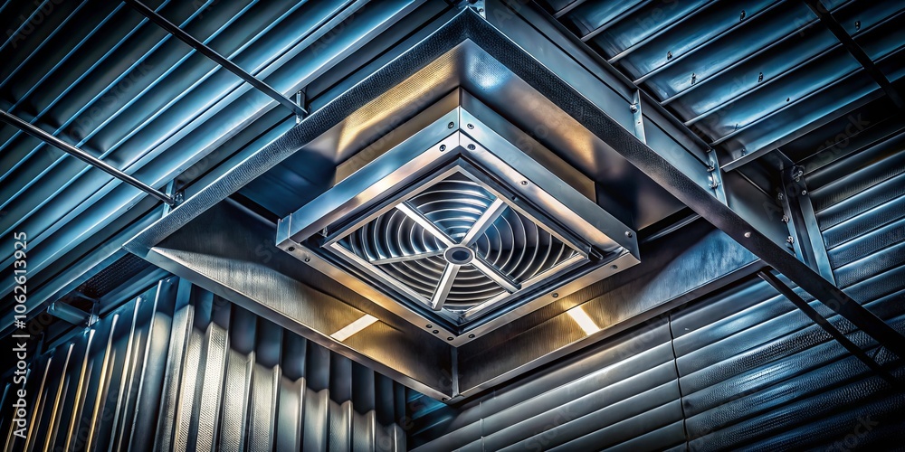 Obraz premium Night Photography of Square Anemostat on Galvanized Duct Ventilation System with Detailed Textures and Shadows for Industrial Design and Architectural Insights