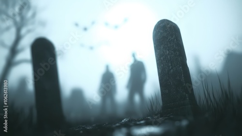 Eerie Graveyard with Silhouettes of Figures Under Foggy Moonlight