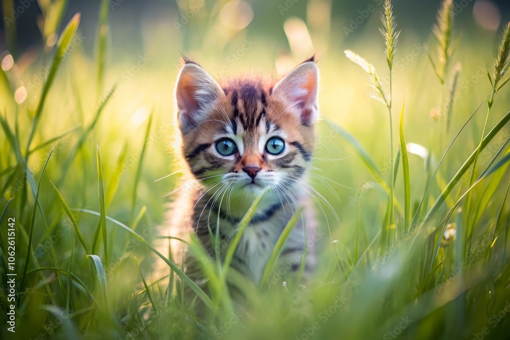 Obraz premium Prowling Kitten in Tall Grass - Minimalist Photography of Nature, Cute Kittens, Wildlife, Feline, Grassland, Outdoor Adventure, Playful Animals, Natural Habitat, Soft Focus, Serenity