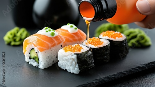 Delicious Sushi Rolls with Tamari Sauce Drizzle   Japanese Cuisine Food Photography photo