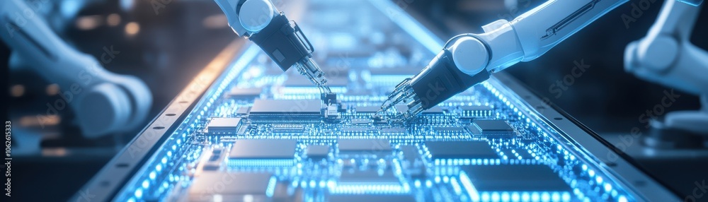 Close-up of robotic arms assembling a circuit board in a high-tech environment, showcasing advanced technology in action. Close-up of robotic arms assembling a circuit board in a high-tech environment, showcasing advanced technology in action.