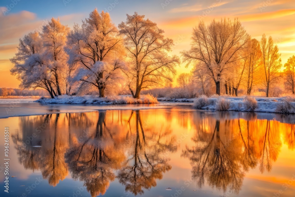 Obraz premium Reflections of Majestic Trees at Sunrise Over a Frosty Pond, Capturing Nature's Beauty, Tranquility, and Serene Winter Landscape in High Depth of Field Photography