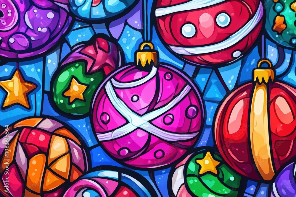 Vibrant Christmas Ornaments in Stained Glass Art. Generative AI. Vibrant Christmas Ornaments in Stained Glass Art. Generative AI.