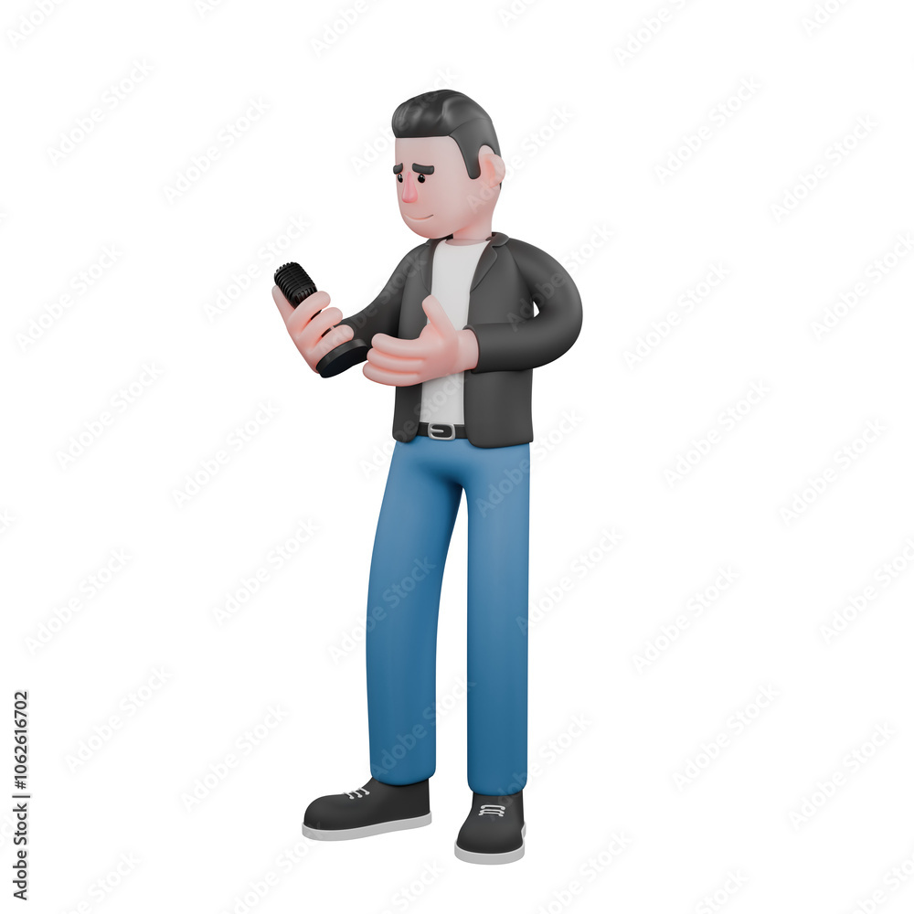 Illustrated 3D Vocal Artist. A male musician stands holding a microphone in his hand with a disappointed expression. Cartoon Musician Illustrated 3D Vocal Artist. A male musician stands holding a microphone in his hand with a disappointed expression. Cartoon Musician