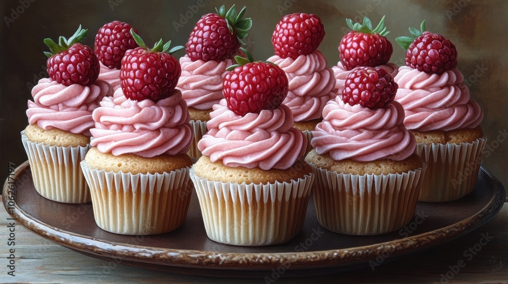 A plate of delicious cupcakes topped with raspberries. A plate of delicious cupcakes topped with raspberries.