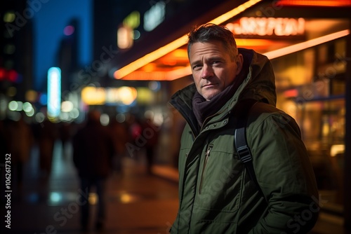 Portrait of a handsome man in the street at night in New York City.