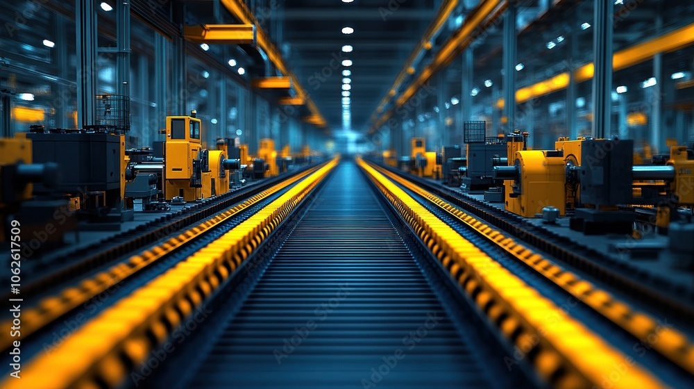 Industrial scene with illuminated conveyor and machinery in factory. Industrial scene with illuminated conveyor and machinery in factory.