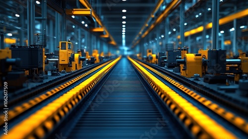 Industrial scene with illuminated conveyor and machinery in factory.