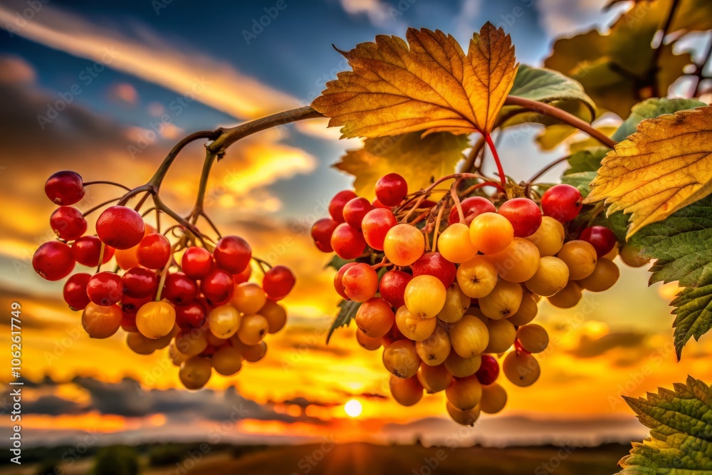 Fototapeta premium Silhouette Photography of Yellow Fruits of Guelder Rose, Xanthocarpum Viburnum Opulus, Against a Sunset Background, Nature's Beauty, Botanical Art, Fruit Silhouettes