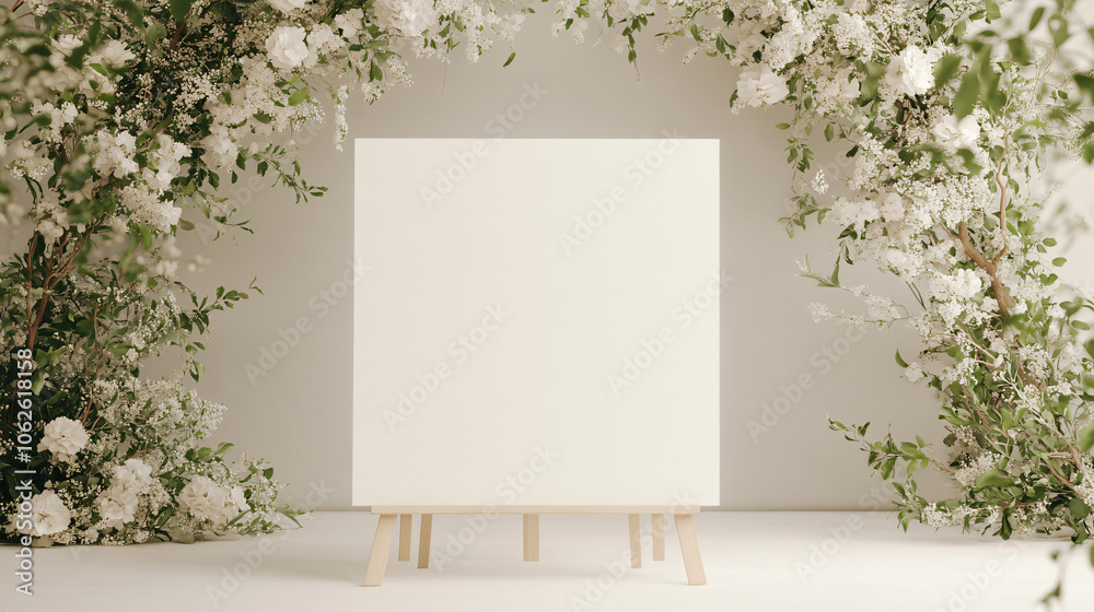 A bright, elegant studio scene featuring a large blank white wedding easel adorned with soft white flowers and delicate greenery. Behind the easel, a floor-to-ceiling floral arch of lush blooms and A bright, elegant studio scene featuring a large blank white wedding easel adorned with soft white flowers and delicate greenery. Behind the easel, a floor-to-ceiling floral arch of lush blooms and