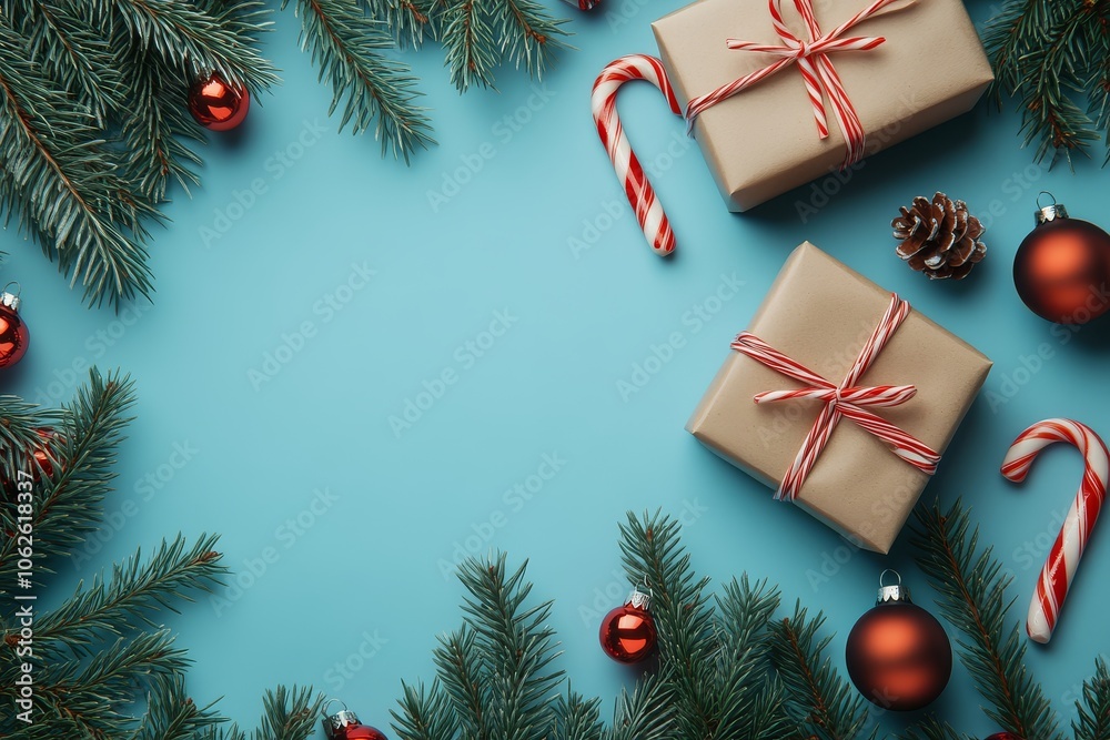 Christmas Composition of Candy Cane, Gift Box, and Pine Tree Branches on Light Blue Background. Festive New Year Concept for Greetings and Banners. Christmas Composition of Candy Cane, Gift Box, and Pine Tree Branches on Light Blue Background. Festive New Year Concept for Greetings and Banners.