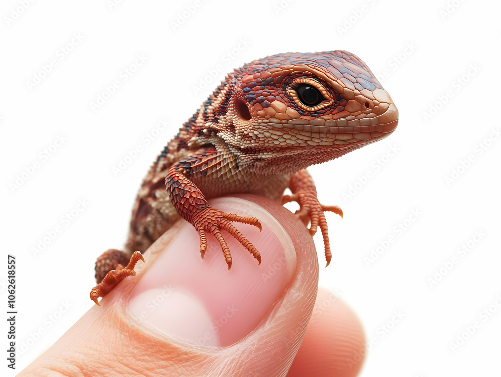 Fototapeta premium Flat Macro Image of Lizard on Child's Finger, Close Up, Delicate Interaction of Skin and Scales, Macro Photography, Soft Natural Light, Peaceful Scene for Nature Lovers and Child Interaction Concepts