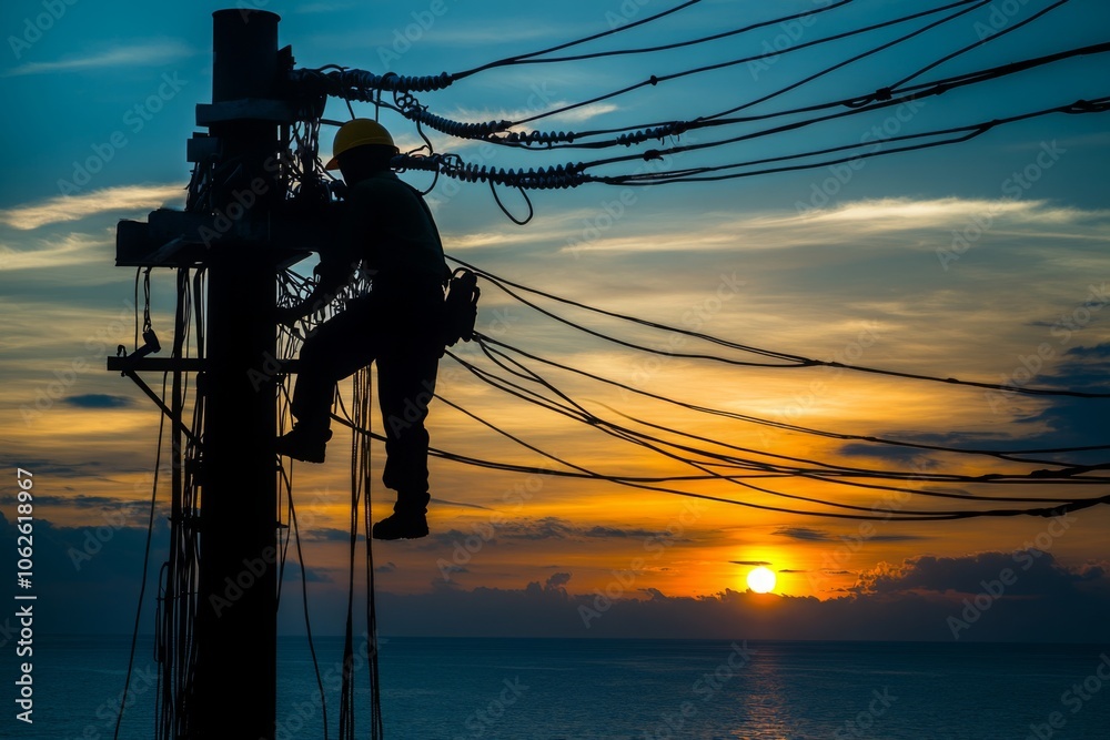 Technician Working on Electrical Powerline at Sunset