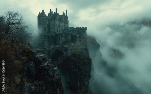 Eerie silence, abandoned, ancient castle standing in desolate gloom, its crumbling walls, dark corridors filled with haunting echoes of forgotten stories, mysterious shadows.