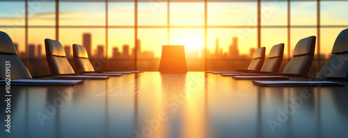 A business meeting with a large table and chairs. The sun is setting in the background. Scene is professional and serious