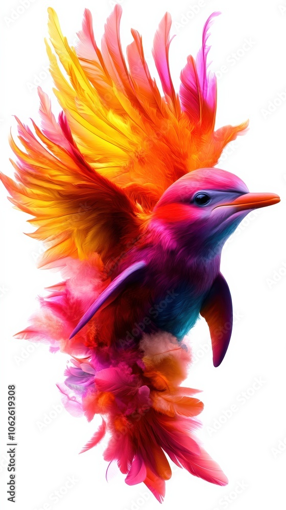 Colorful bird in flight with vivid feathers, white isolate background