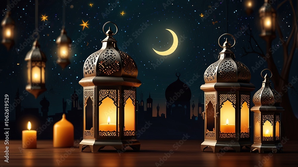 Fototapeta premium Background design with ramadan theme, with illustrations lanterns