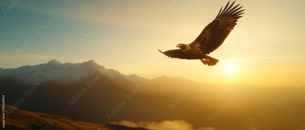 Fototapeta premium Nature’s Majesty: Capturing the Flight of an Eagle Over Alpine Heights 