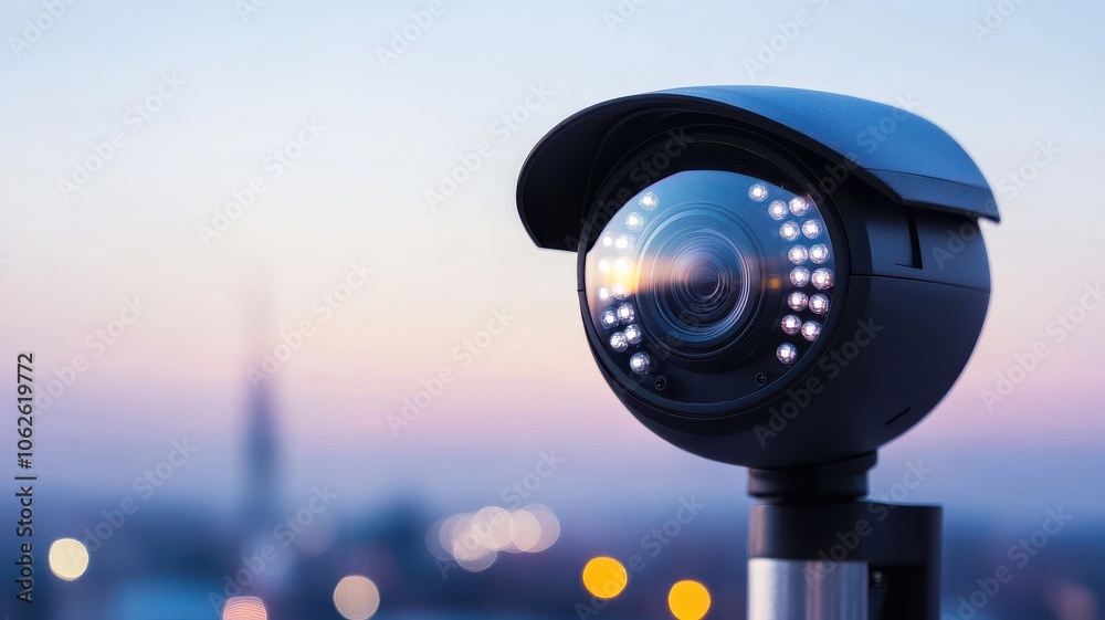 High-definition surveillance camera with a clear lens, set against a beautiful twilight sky for enhanced security monitoring. High-definition surveillance camera with a clear lens, set against a beautiful twilight sky for enhanced security monitoring.