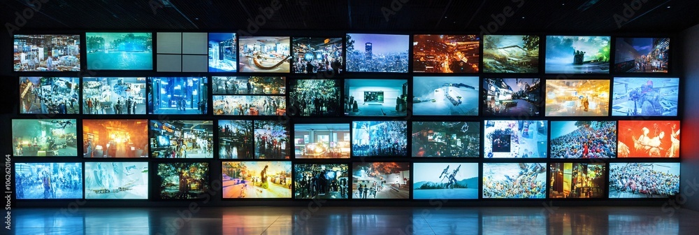 Multi-screen display wall showcasing diverse landscapes, cityscapes, and digital art in vivid blue tones. Multi-screen display wall showcasing diverse landscapes, cityscapes, and digital art in vivid blue tones.