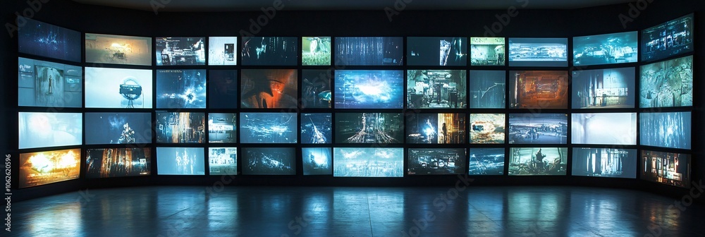 Multi-screen display wall showcasing diverse landscapes, cityscapes, and digital art in vivid blue tones.