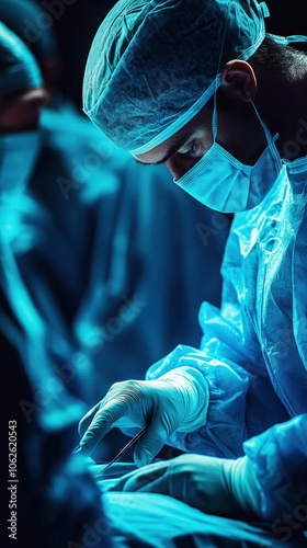 A surgeon is performing a procedure in a hospital. The scene is dark and moody, with the surgeon wearing a blue surgical gown and gloves. Concept of seriousness and focus