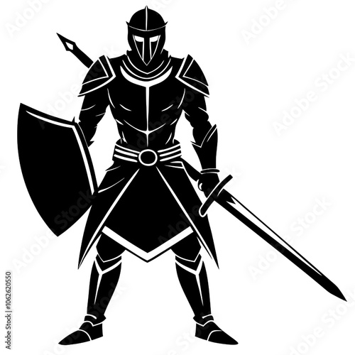 Silhouette Knight: A valiant knight, ready for battle, stands firm with his sword and shield.  A powerful image of strength, courage, and medieval chivalry. 