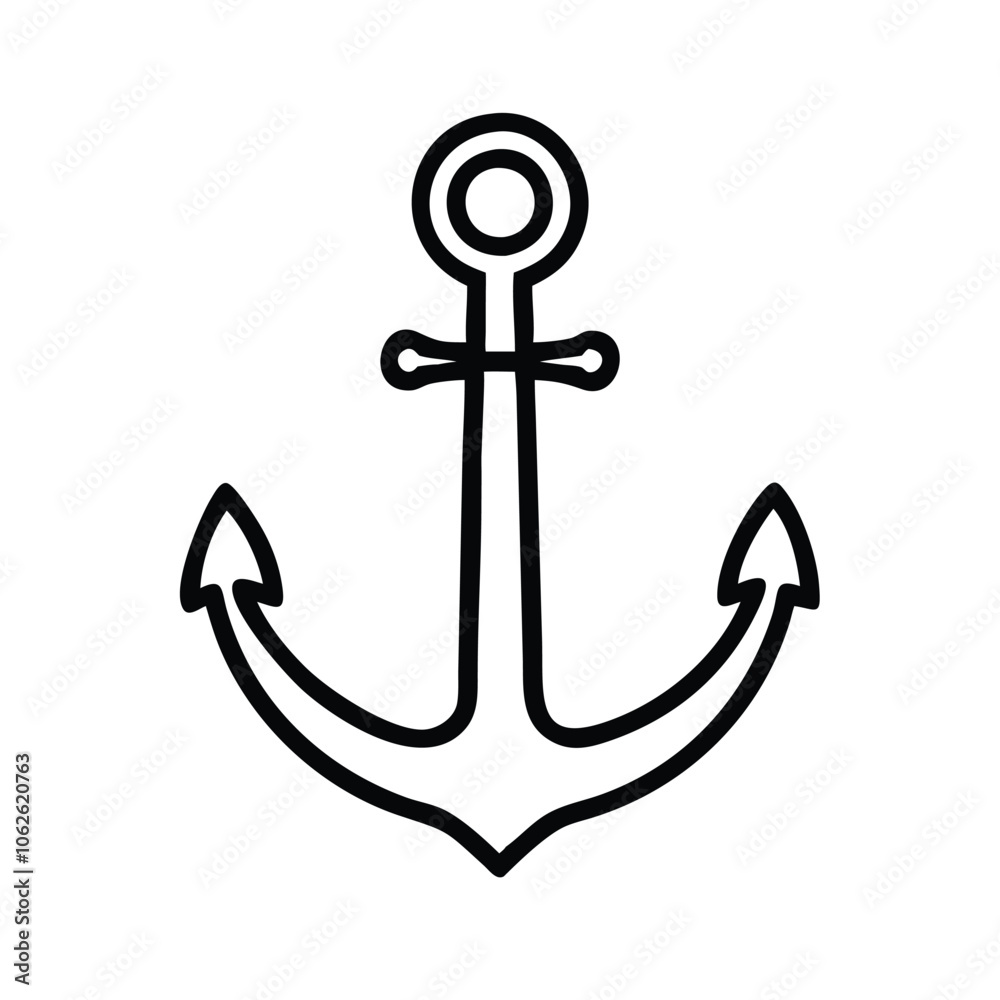 Simple anchor outline icon in black and white, Black and white outline icon of a traditional anchor with a ring and pointed flukes, isolated on a white background. Simple anchor outline icon in black and white, Black and white outline icon of a traditional anchor with a ring and pointed flukes, isolated on a white background.
