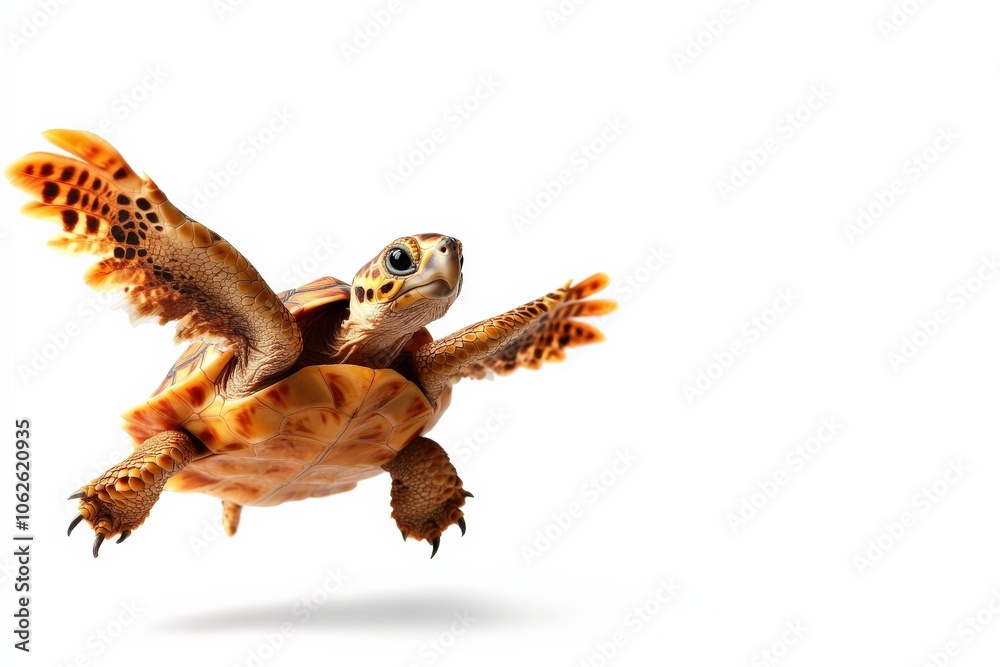 Fototapeta premium Flying sea turtle captured in motion, white isolate background.