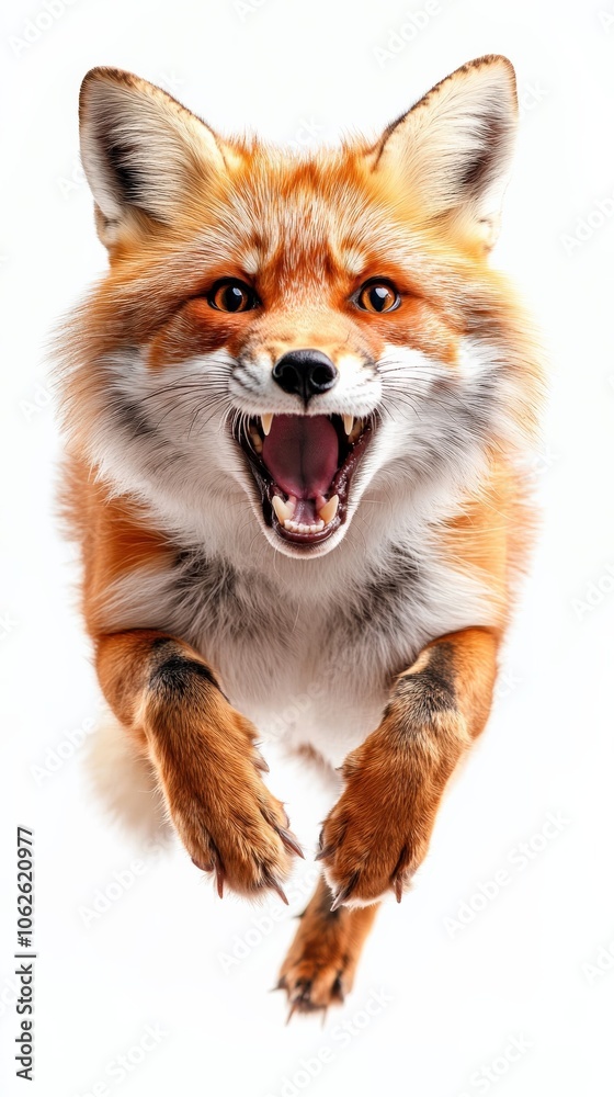 Fototapeta premium Fox with open mouth, jumping with energetic expression, white isolated background.