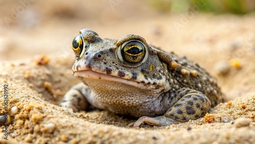 Wide-Angle Natterjack toad Epidalea calamita hiding in the sand of Kalmthout Heath photo