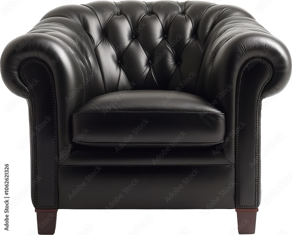 Fototapeta premium Black leather armchair with tufted design, classic furniture concept