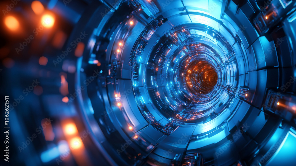 Futuristic Sci-Fi Tunnel: 3D Render of Neon Blue and Orange Circular Corridor Futuristic Sci-Fi Tunnel: 3D Render of Neon Blue and Orange Circular Corridor