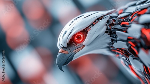 Futuristic robotic hawk with glowing red eyes, showcasing advanced design.