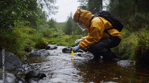 Scientist in protective suit collecting water sample from stream for environmental analysis.